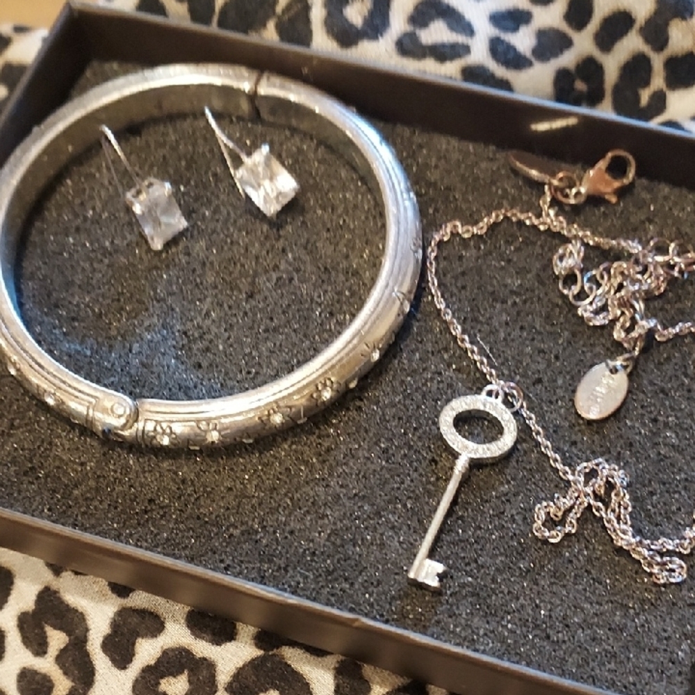 Brighton Silver Bracelet, Drop Glass Earrings & "BFF" Key Necklace Set